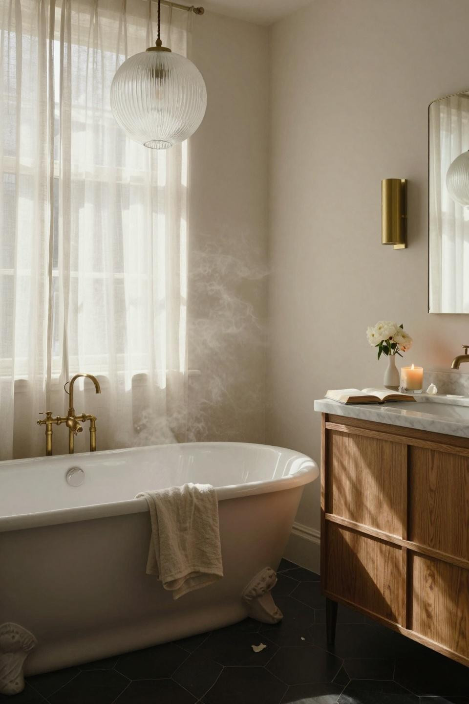 Timeless Bathroom dark flooring and brass details