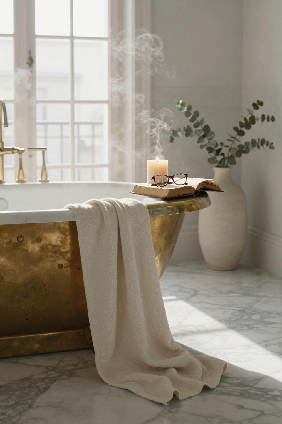 Timeless Bathroom brass tub detail with natural lighting