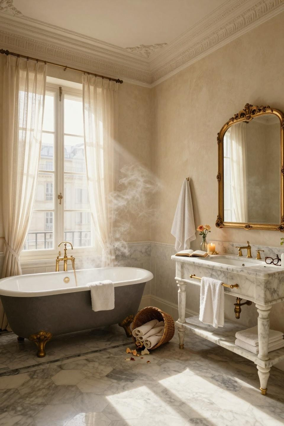 Timeless Bathroom vintage tub with natural textiles