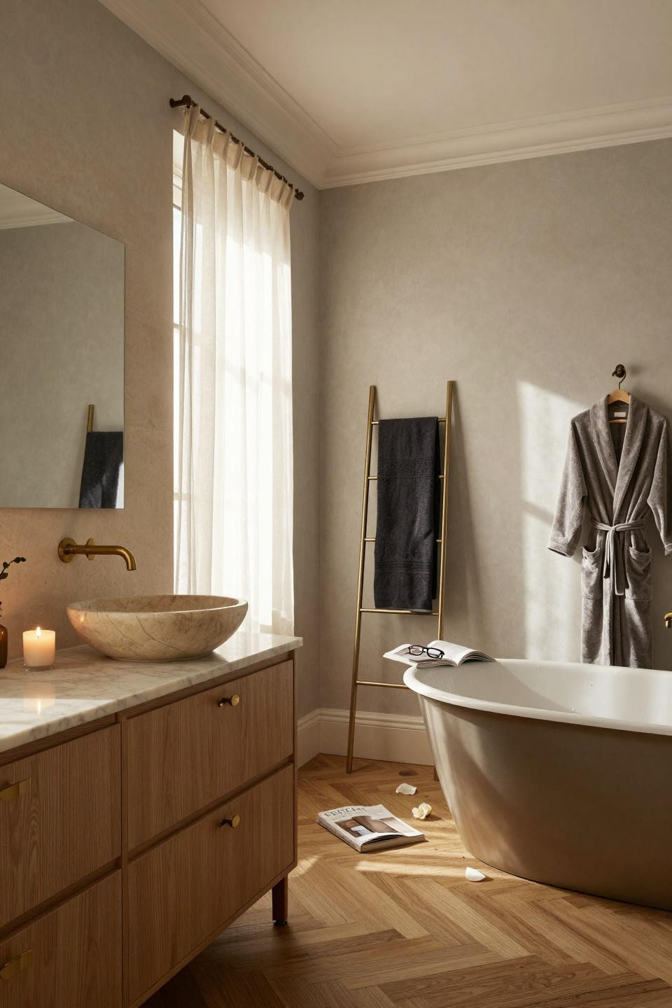 Timeless Bathroom neutral palette with stone accents