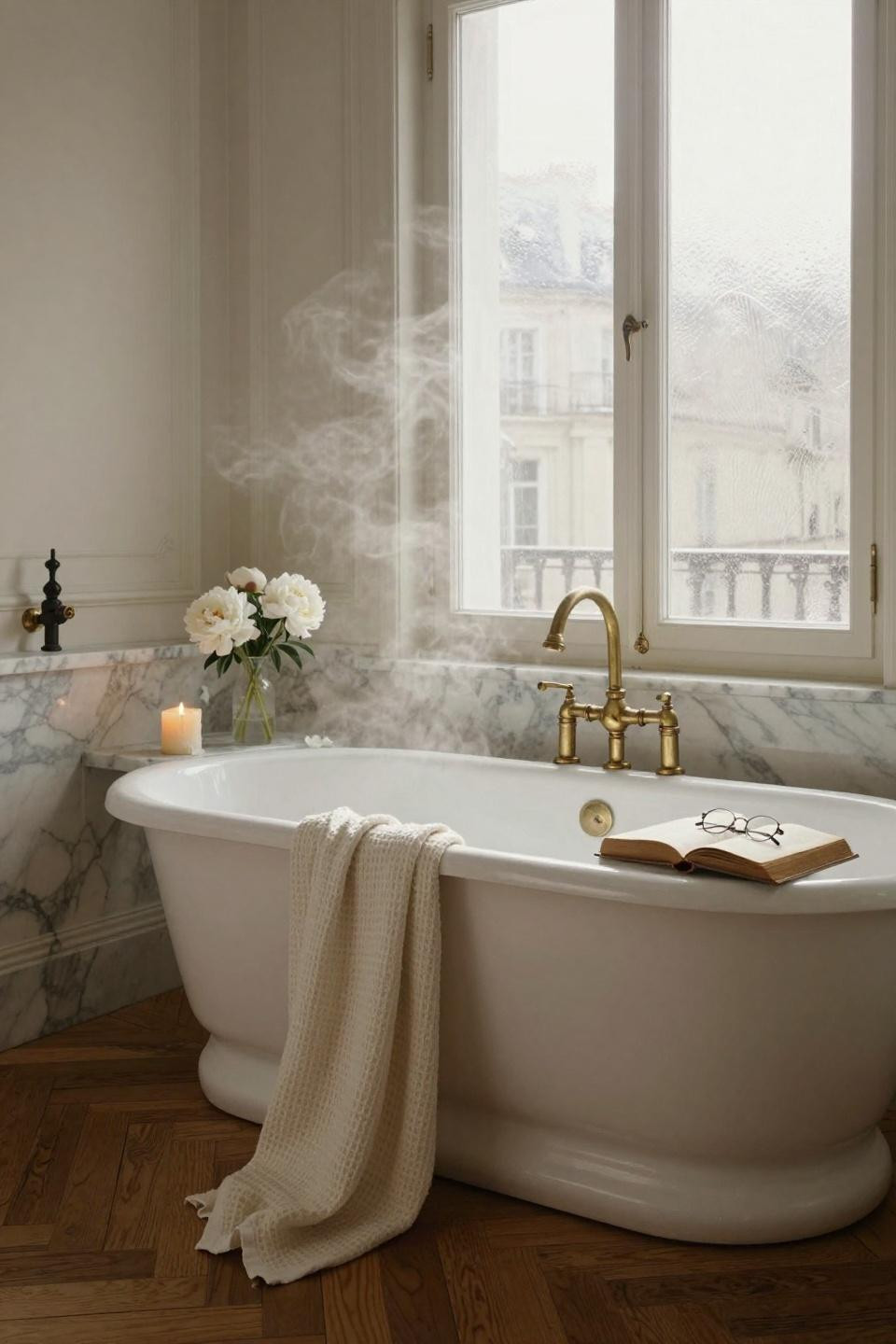 Timeless Bathroom soaking tub and wood flooring