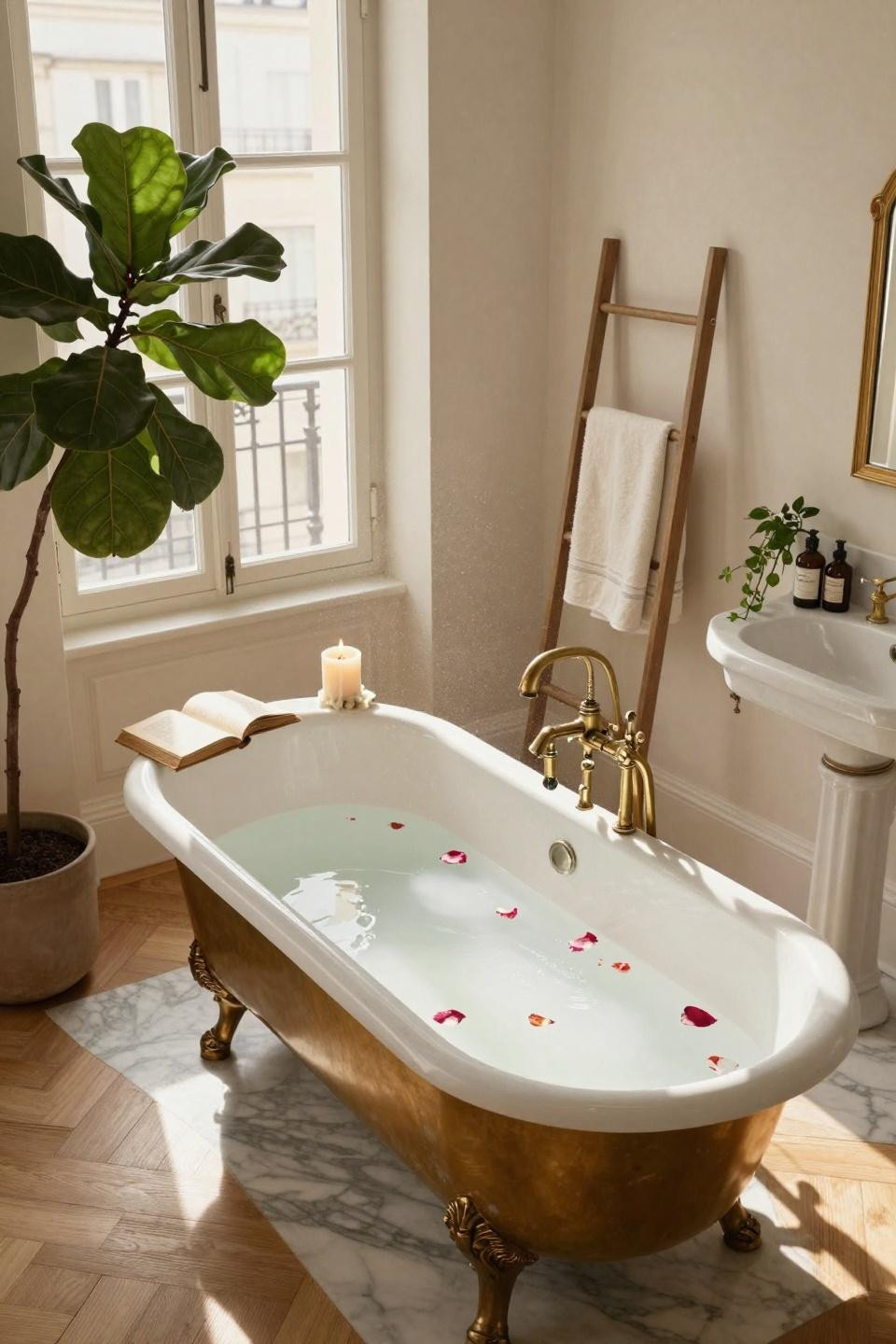 Timeless Bathroom clawfoot tub and herringbone flooring