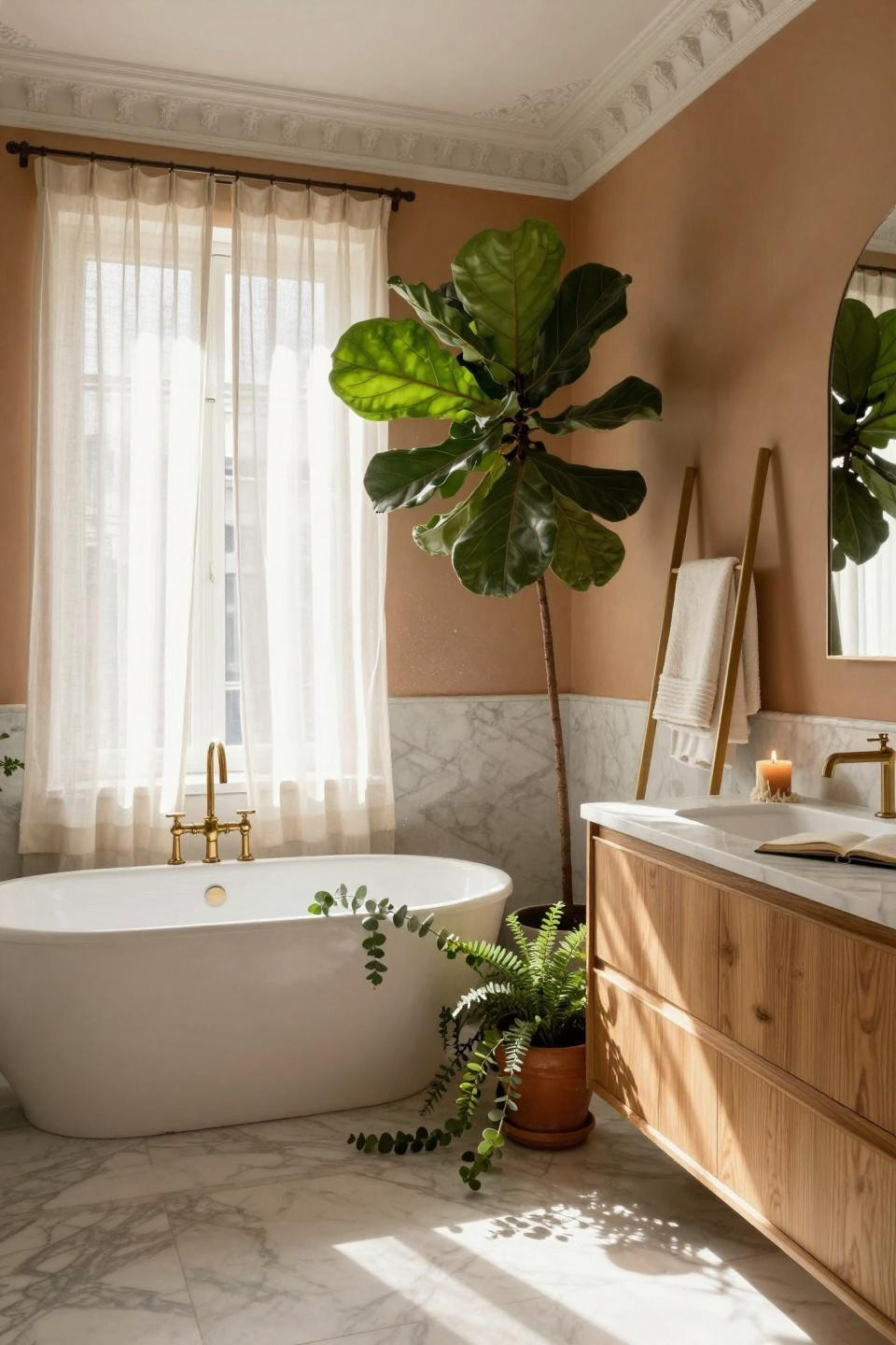 Timeless Bathroom with natural wood and greenery