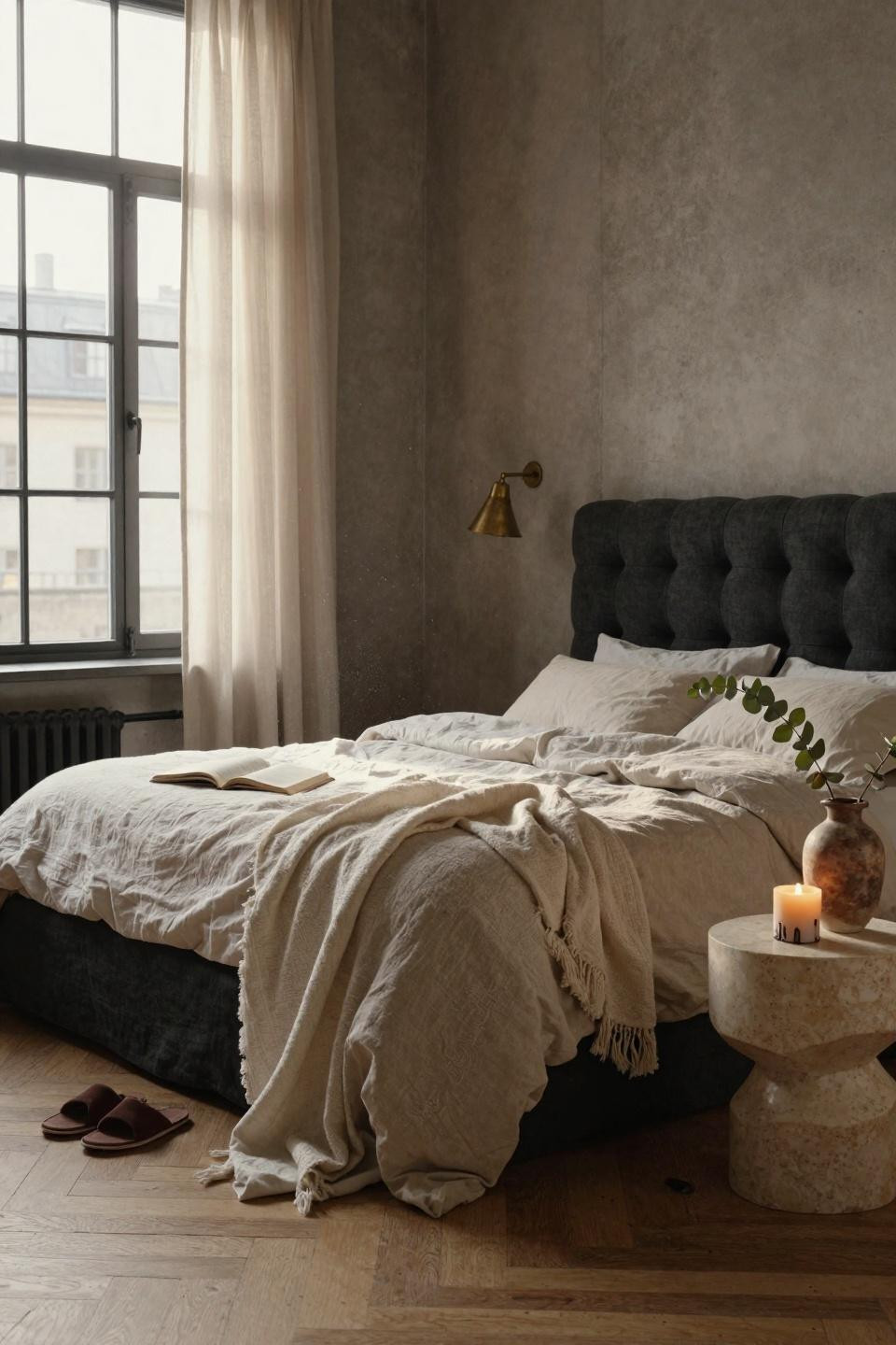Unique bedroom design with moody Scandinavian palette