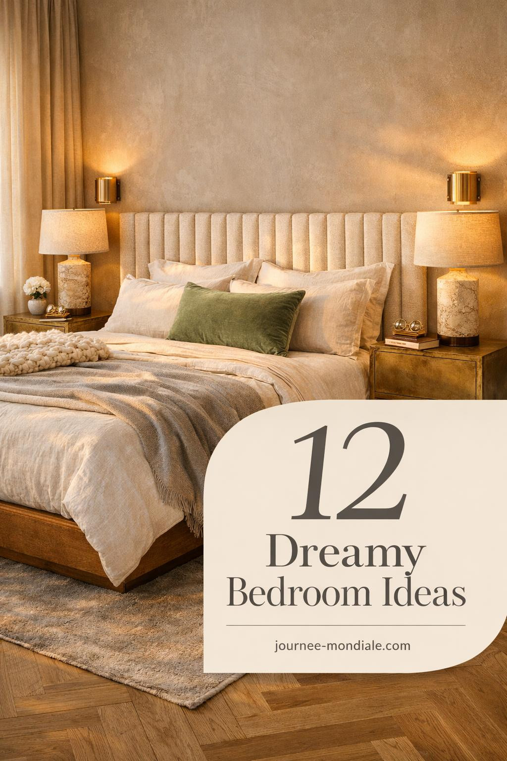 Spacious bedroom featuring plush upholstered bed, elegant nightstands, soft neutral tones, ambient lighting, and contemporary furnishings