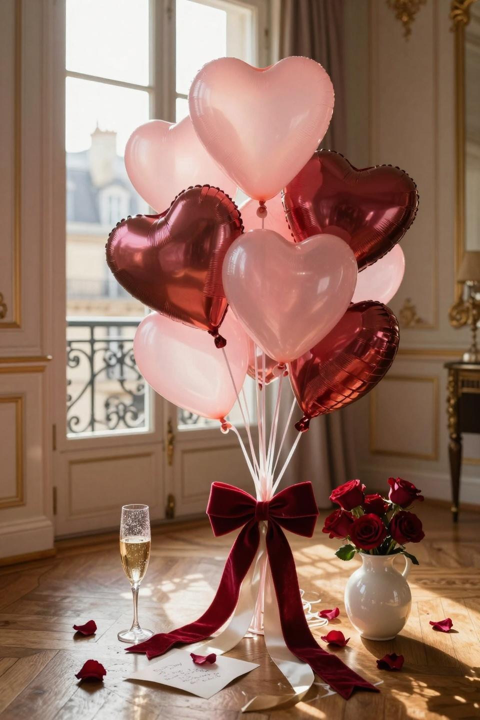Valentine's Day Balloon Heart Wall - detailed bouquet arrangement with foil hearts