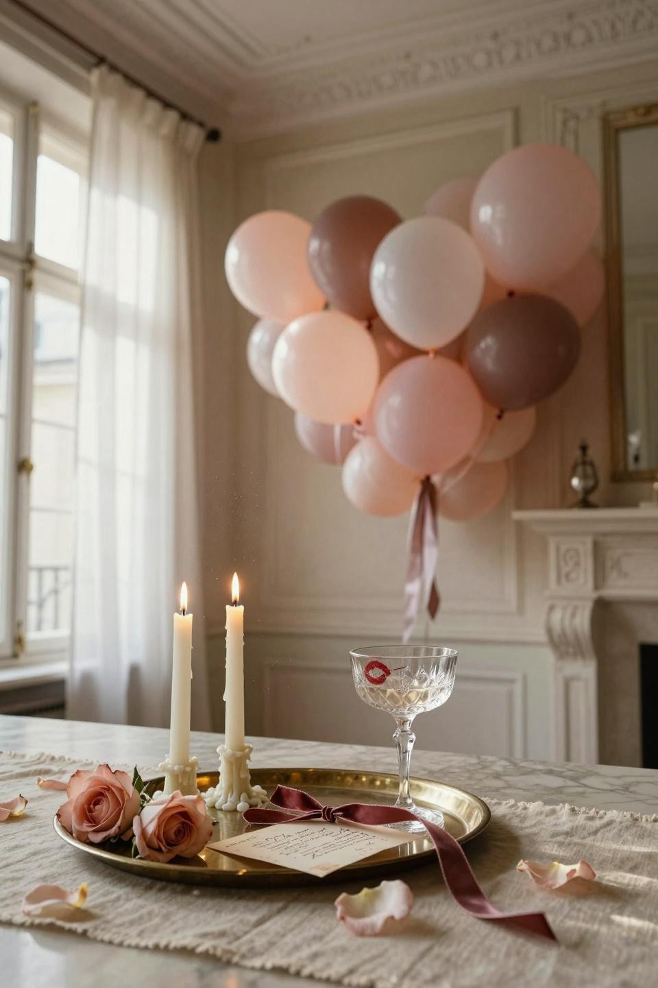 Valentine's Day Balloon Heart Wall - styled closeup with candles and roses