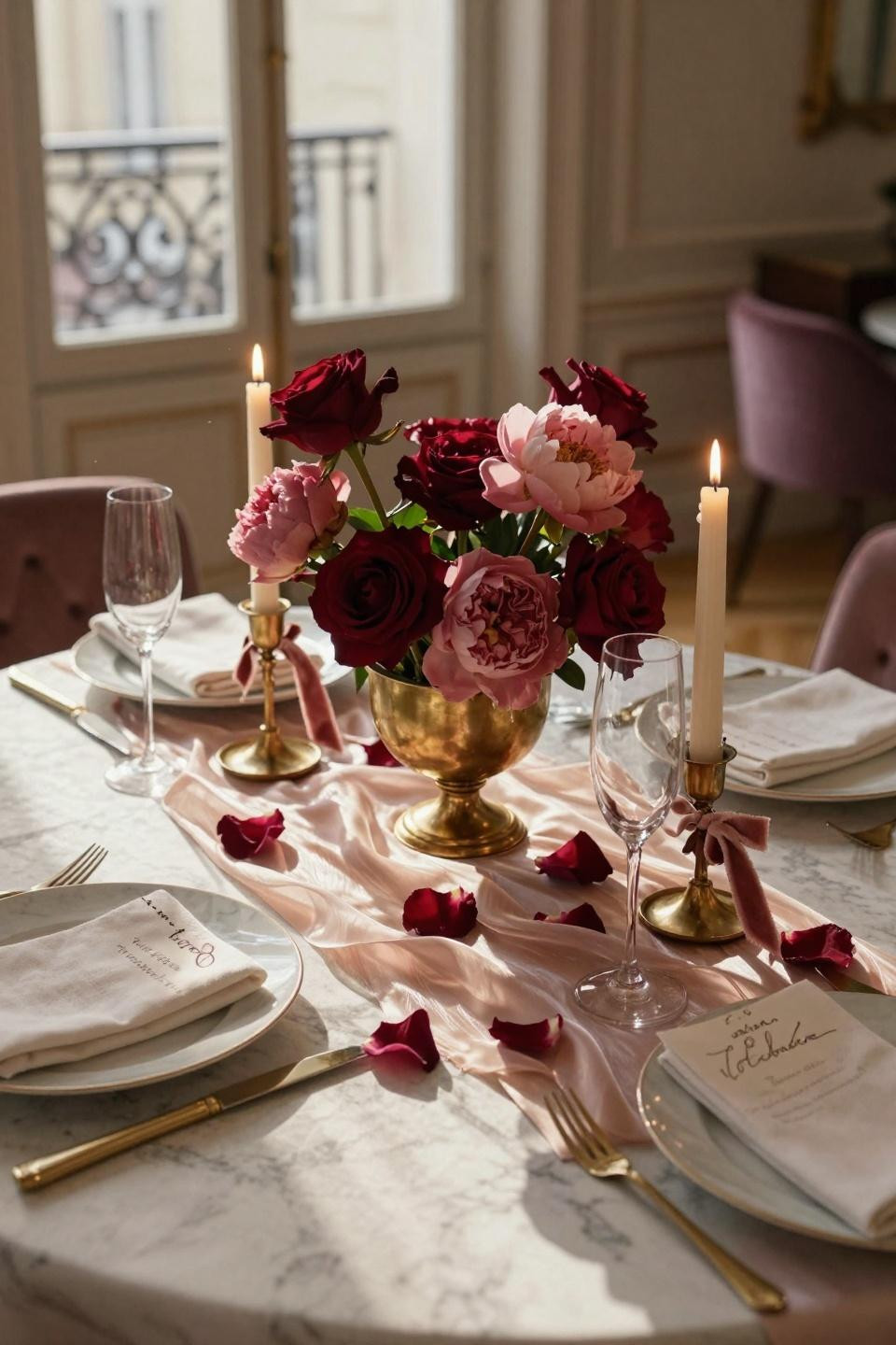 Valentine dinner table setting with blush silk runner and brass compote