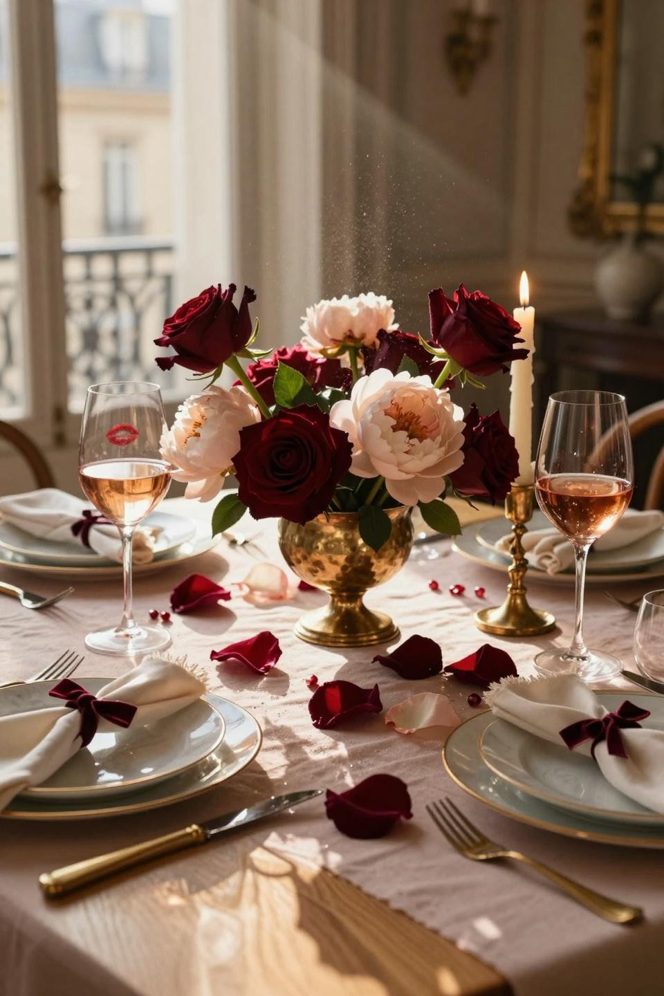 Valentine tablescape with burgundy roses in hammered brass compote