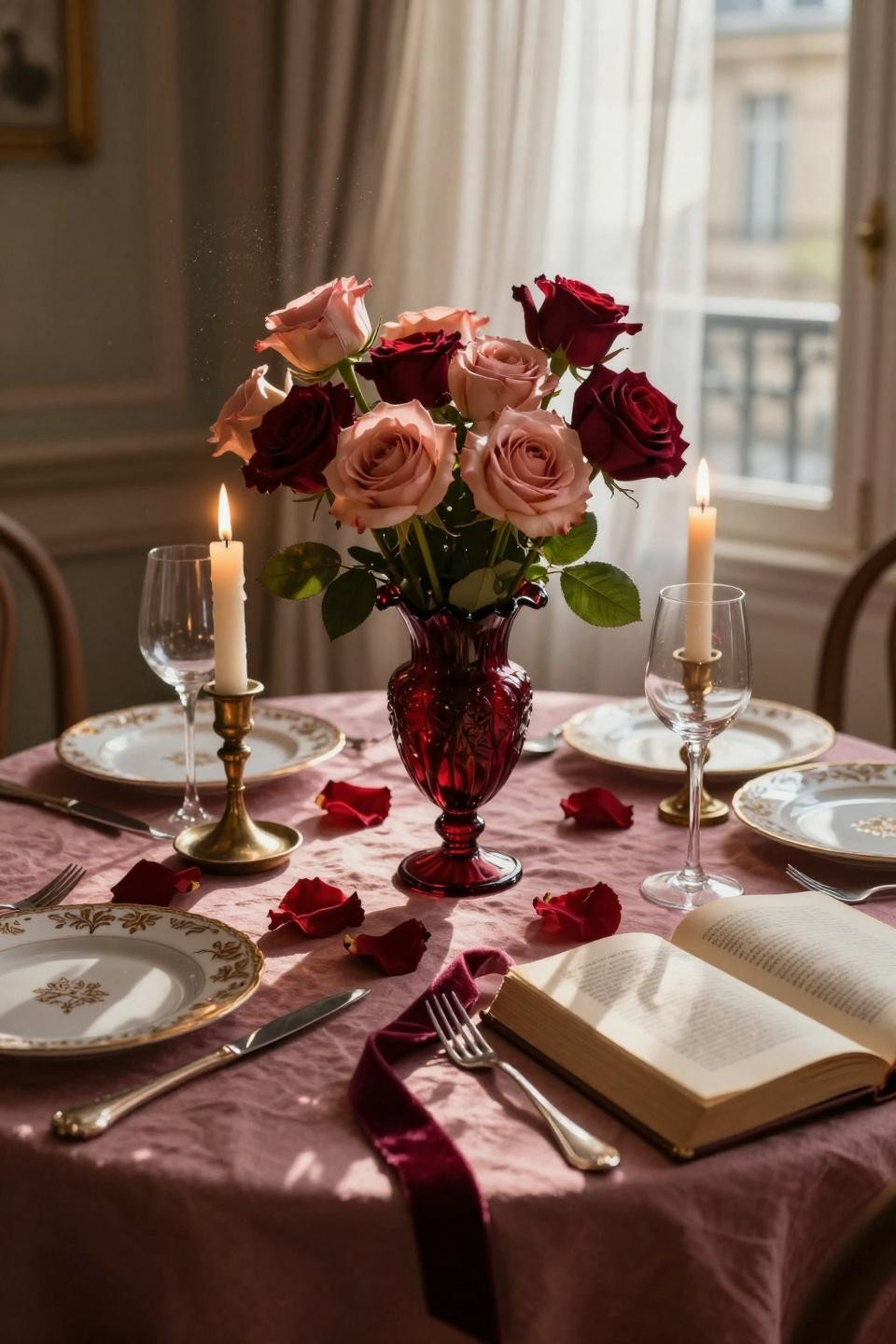 Valentine tablescape closeup with garnet glass vase and brass candlesticks