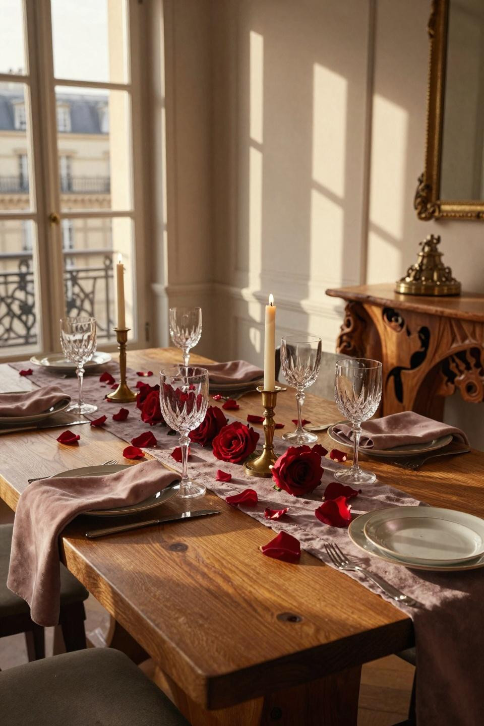 Valentine tablescape diagonal view in Parisian apartment with walnut table