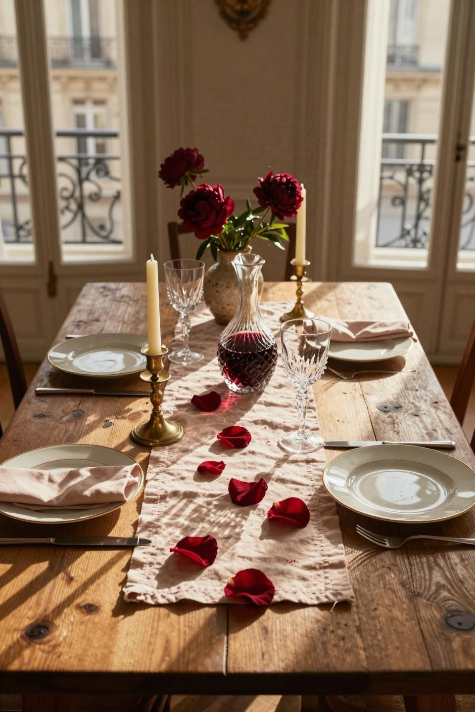 Valentine tablescape with crimson rose petals on reclaimed oak table