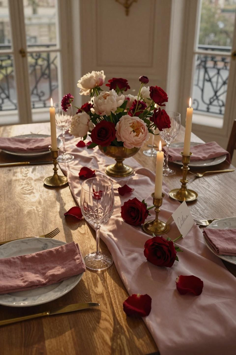 Valentine tablescape with dusty rose runner and cascading centerpiece