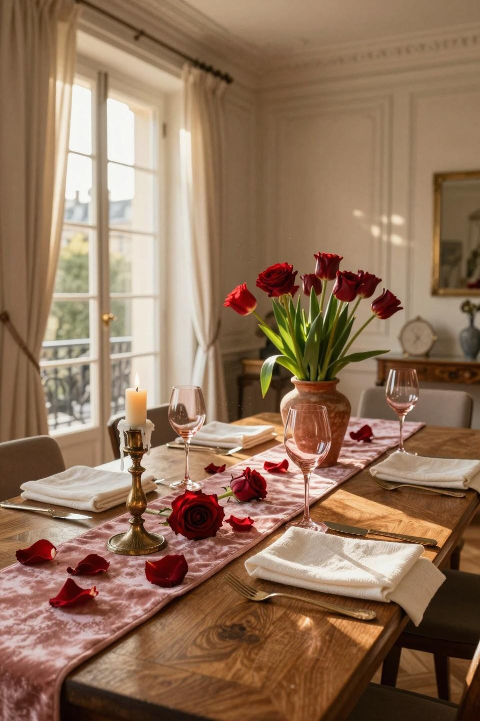 Valentine tablescape diagonal view with blush velvet runner and walnut table