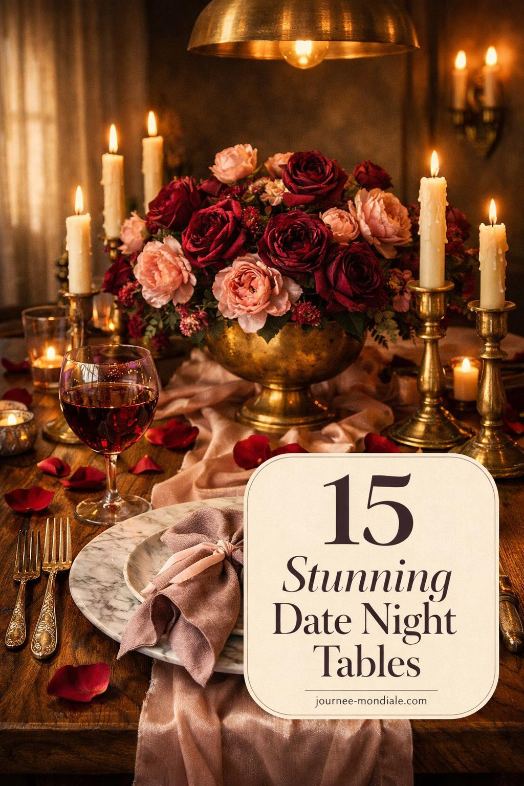 Elegant Valentine's Day tablescape with red roses, pink linens, gold flatware, crystal glasses, and romantic candles