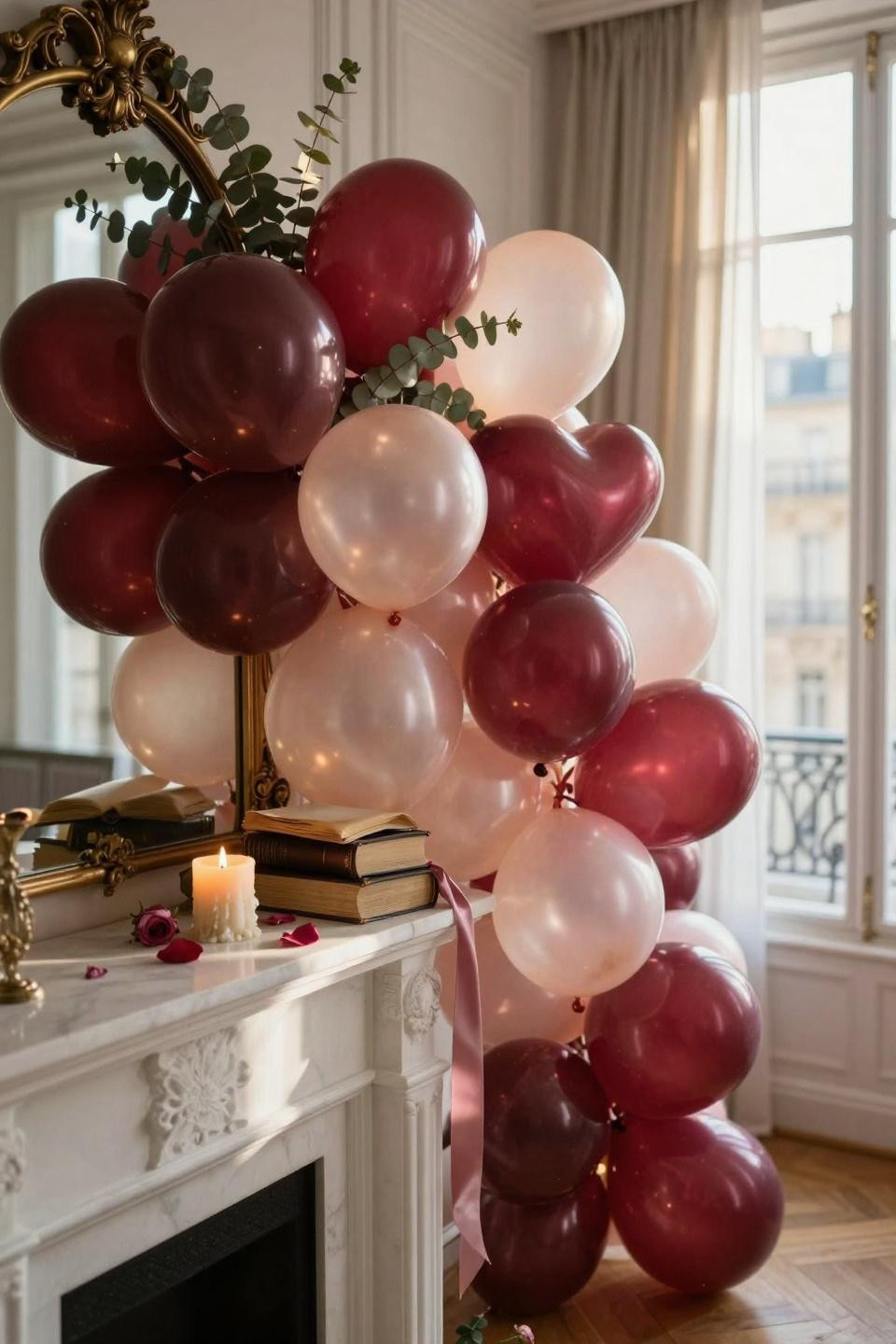 Valentines balloons decorations with burgundy arch and eucalyptus