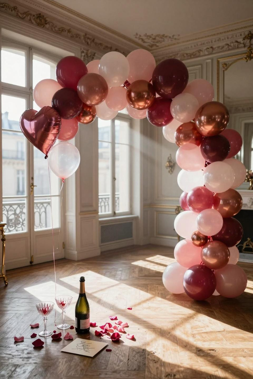 Valentines balloons decorations with burgundy ombre arch overhead