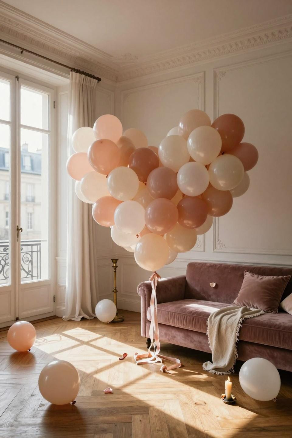 Valentines balloons decorations with neutral heart arch over settee