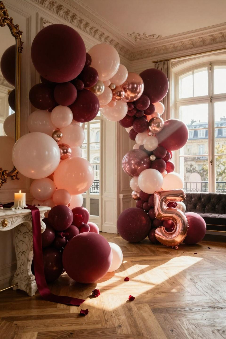 Valentines balloons decorations with organic garland puddling on floor