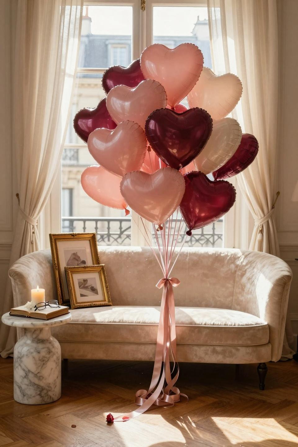 Valentines balloons decorations with bouquet cascading on settee