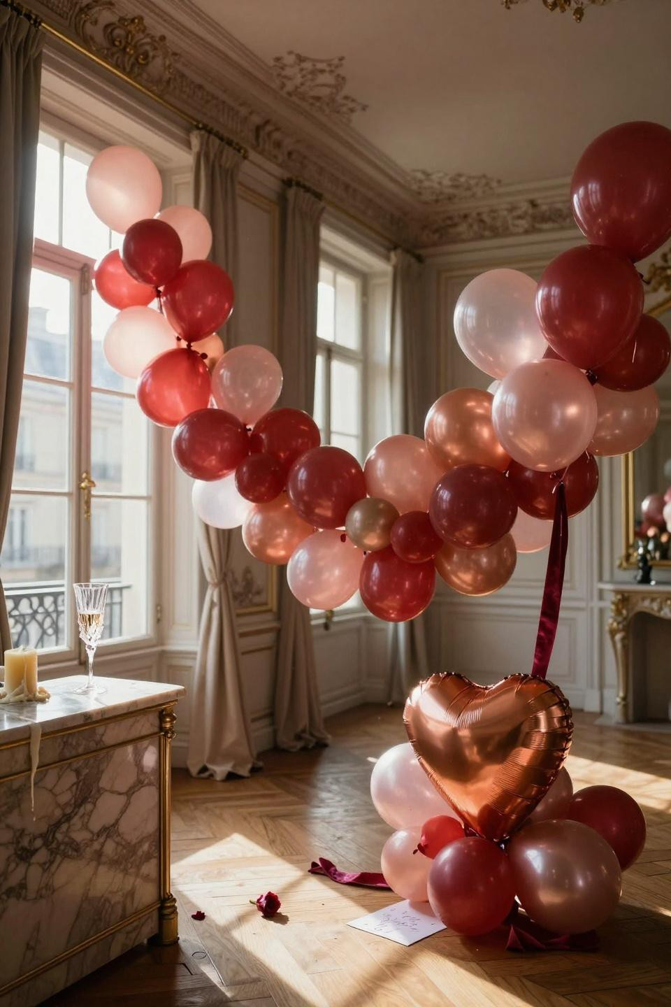 Valentines balloons decorations with rose gold garland on picture rail