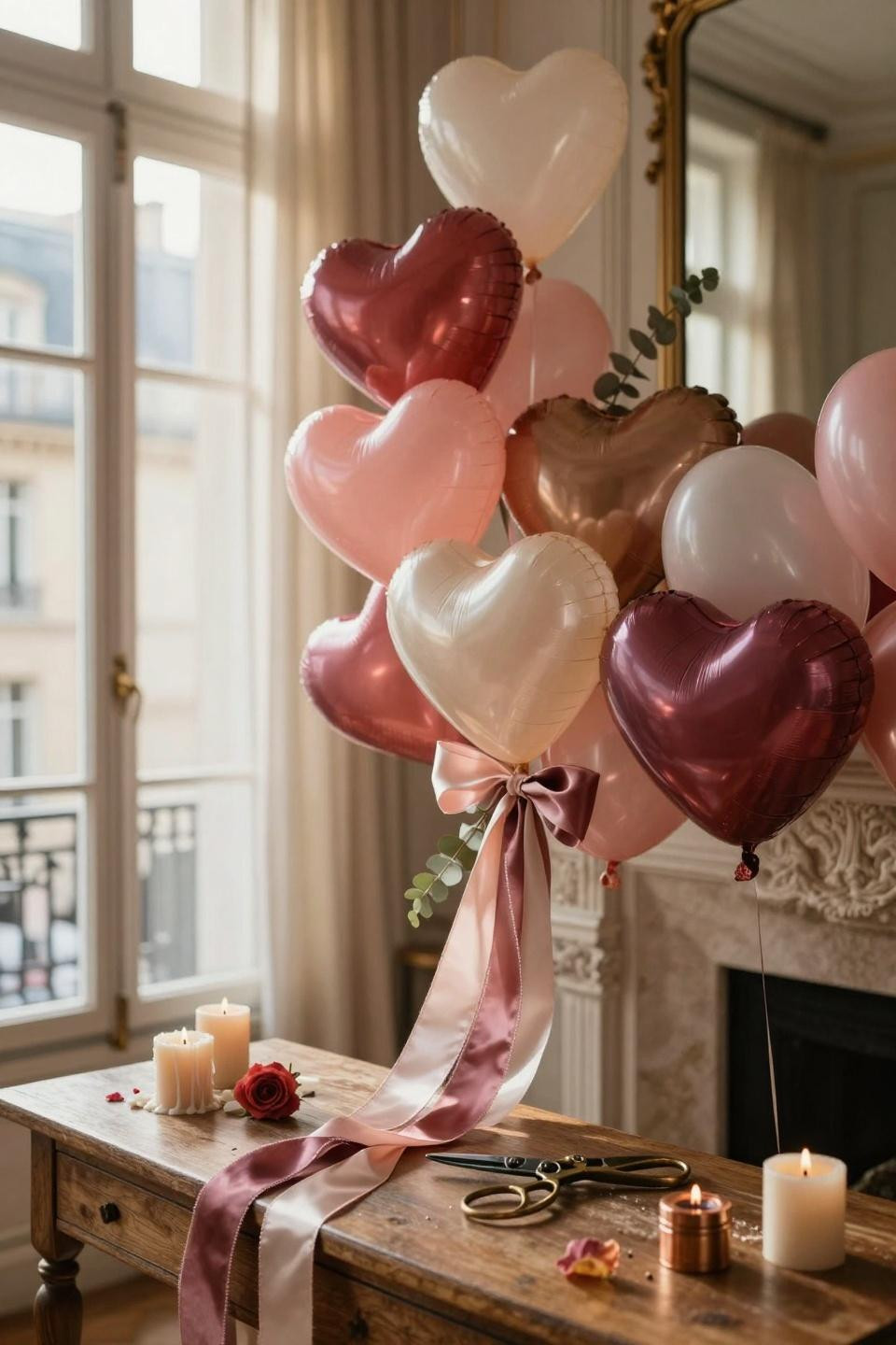 Valentines balloons decorations with hand-tied garland and silk ribbons