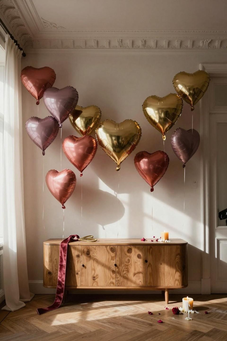 Valentines balloons decorations with geometric garland on white wall