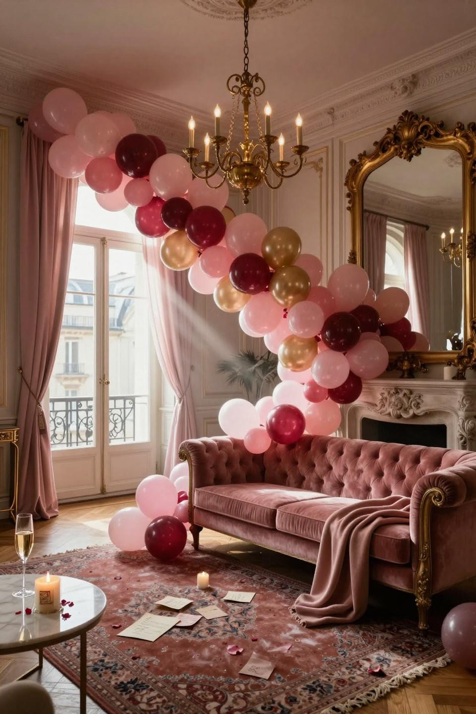 Valentines balloons decorations with extravagant garland across room