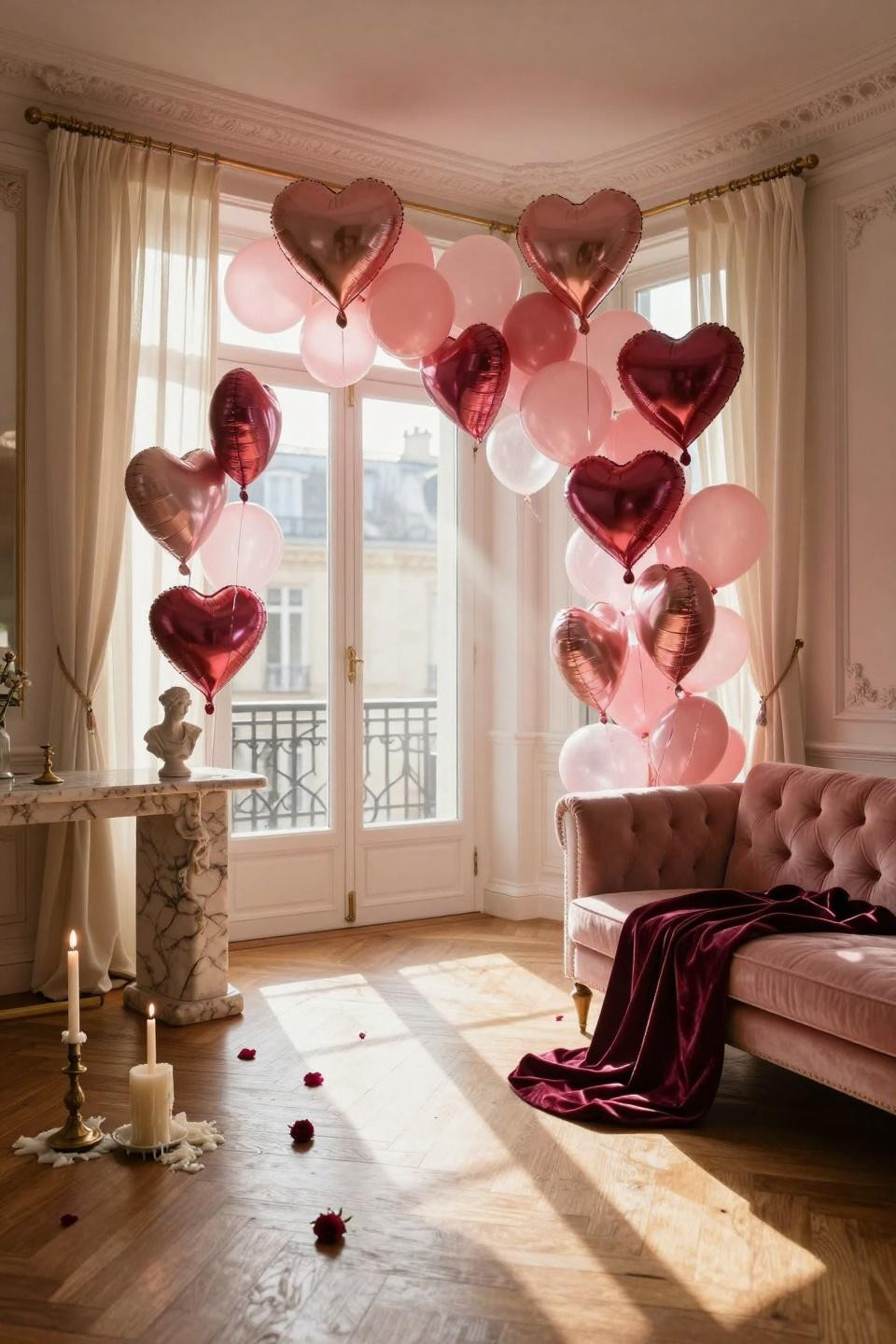 Valentines balloons decorations with heart balloons floating above console