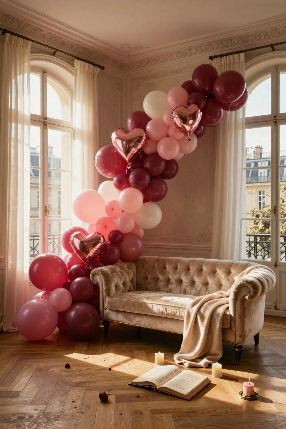 Valentines balloons decorations with soft blush garland over settee
