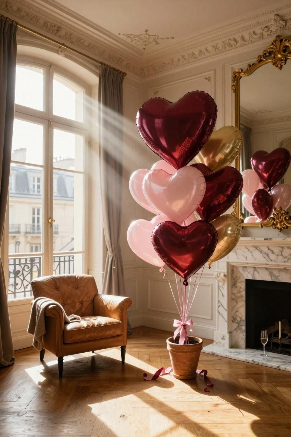 Valentines balloons decorations with oversized hearts in terracotta pots