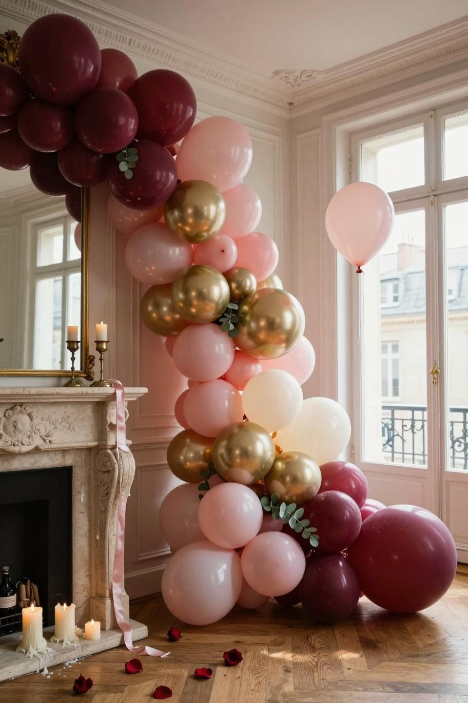 Valentines balloons decorations with cascading burgundy backdrop