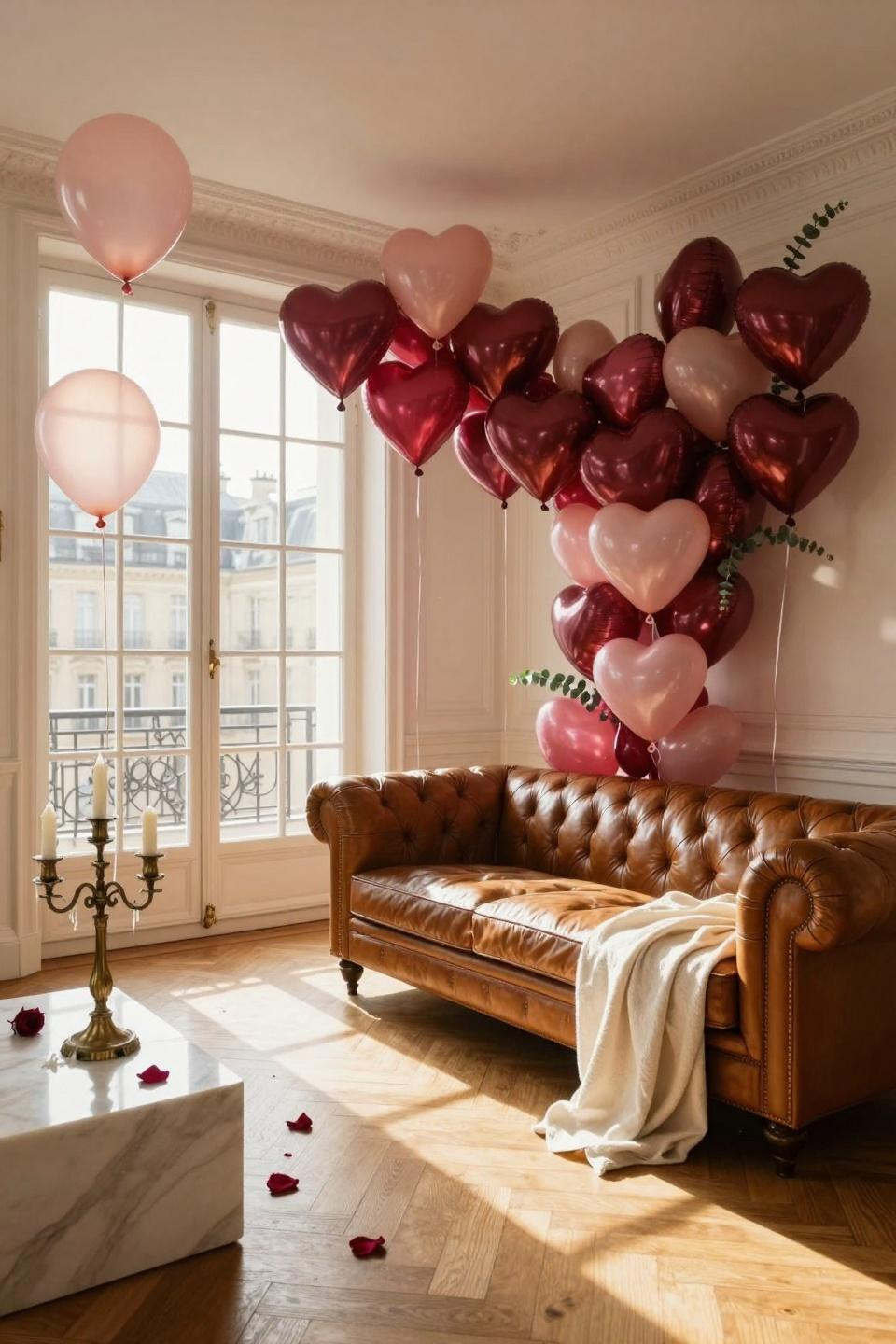 Valentines balloons decorations with organic arch spanning tall windows