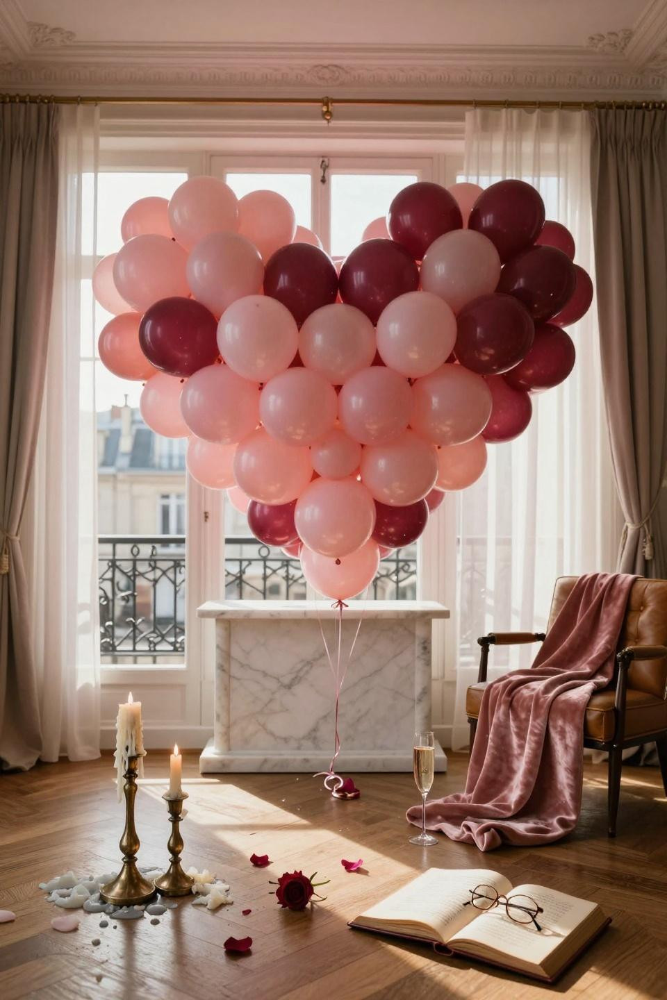 Valentines balloons decorations with heart balloons cascading over marble console