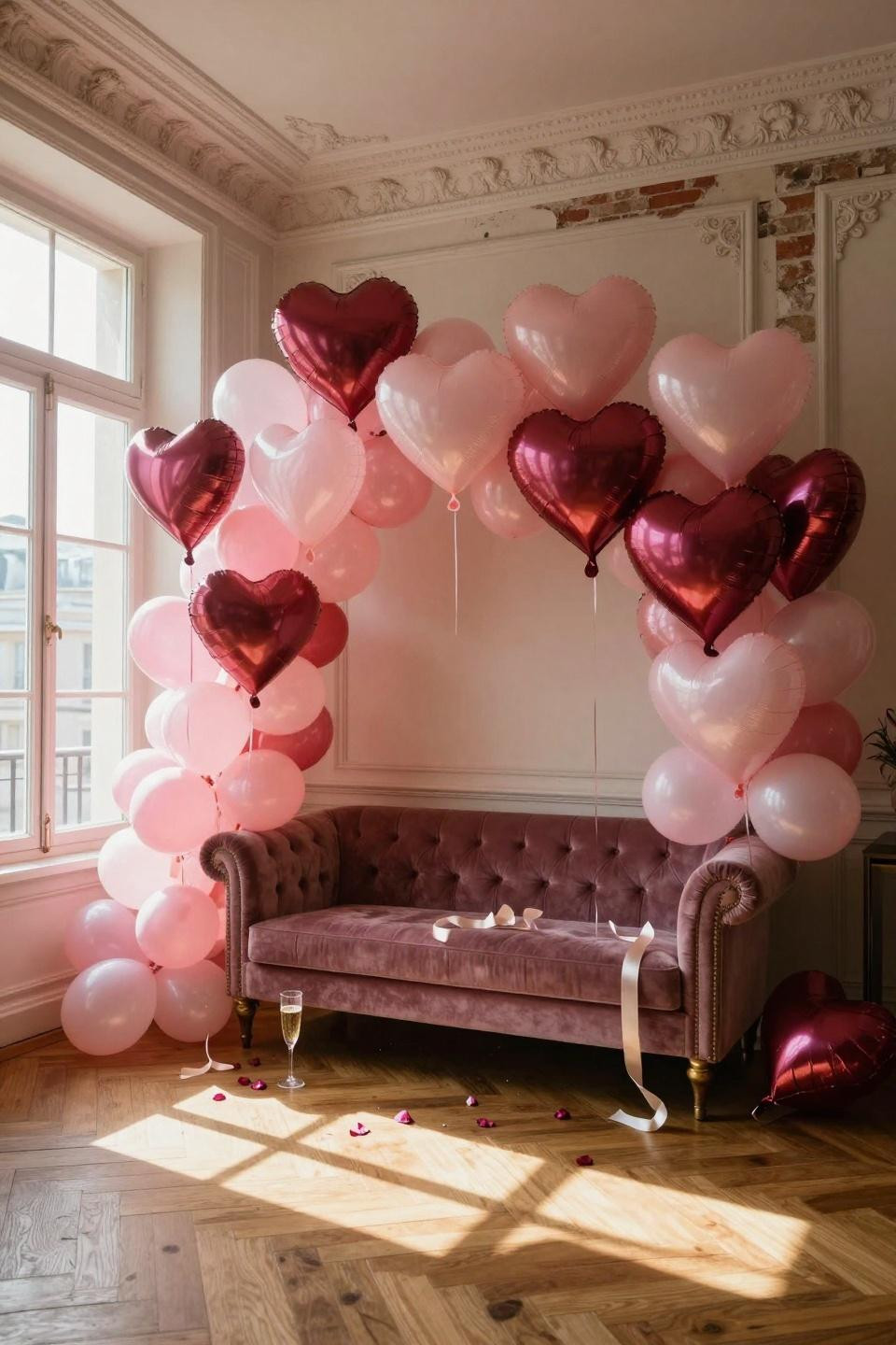 Valentines balloons decorations with modern fabric texture garland