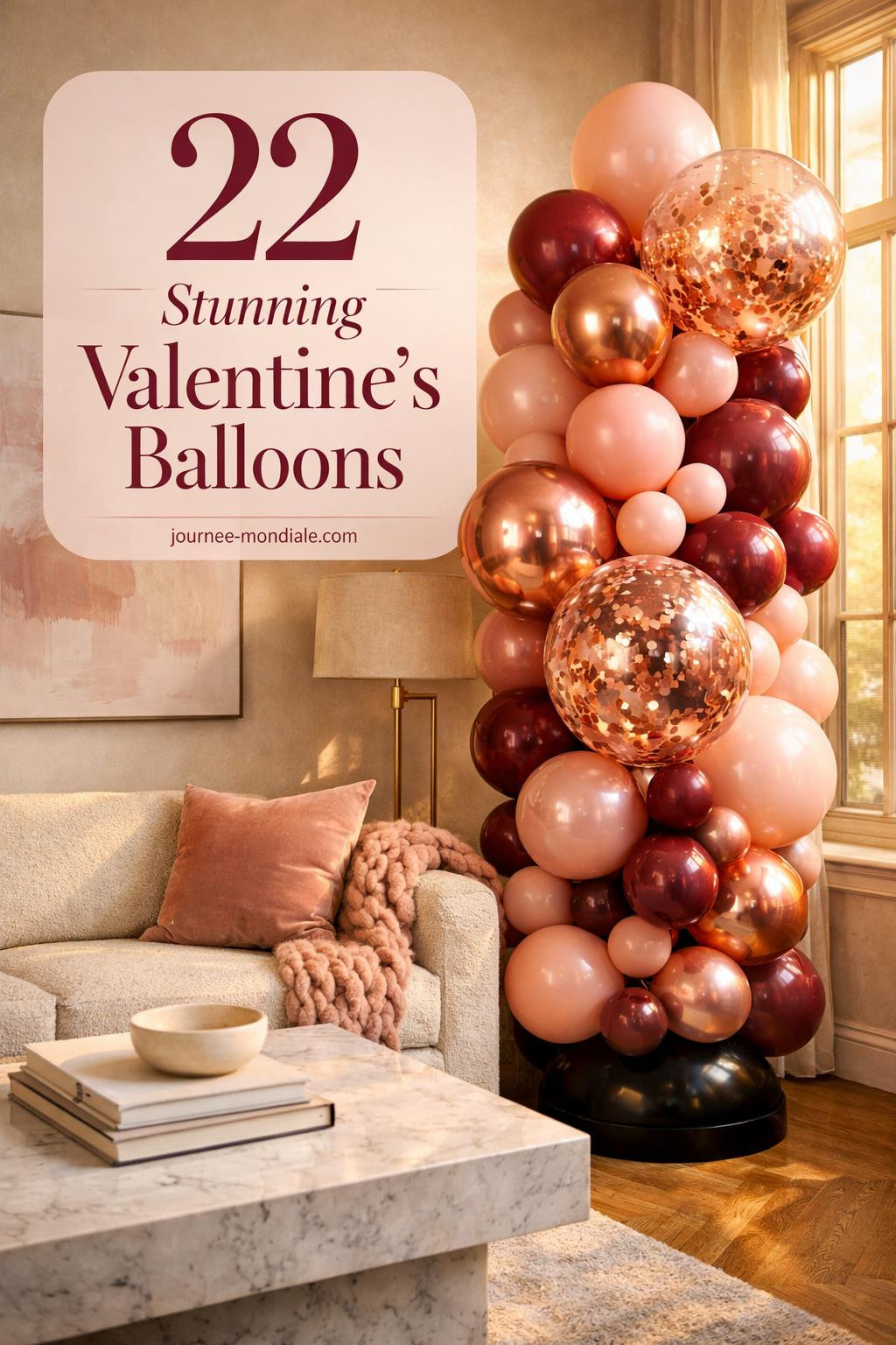 Sophisticated pink and burgundy balloon column arrangement in modern living room with boucle sofa, marble coffee table, herringbone floors, and golden hour lighting