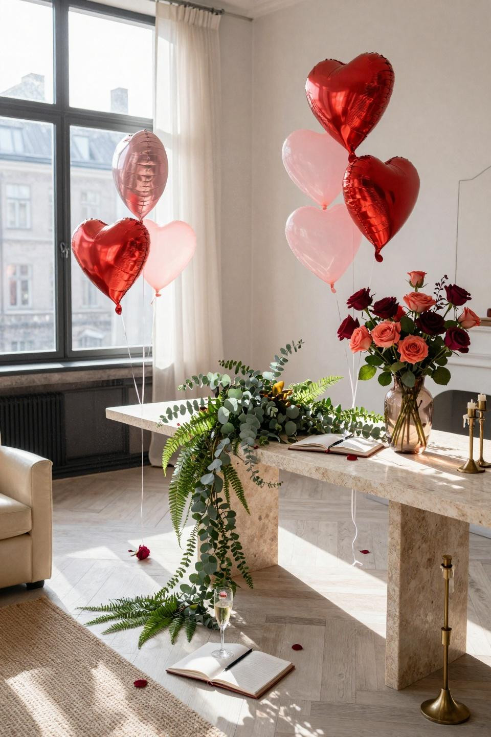 Valentine's Day Balloon Heart Wall - loft installation with botanical elements