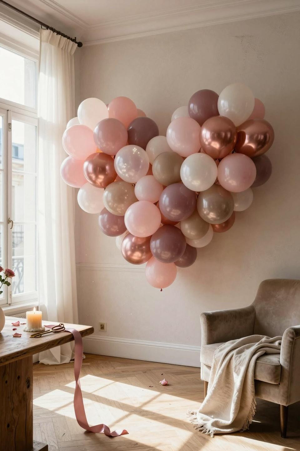 Valentine's Day Balloon Heart Wall - asymmetrical heart with mauve and champagne tones