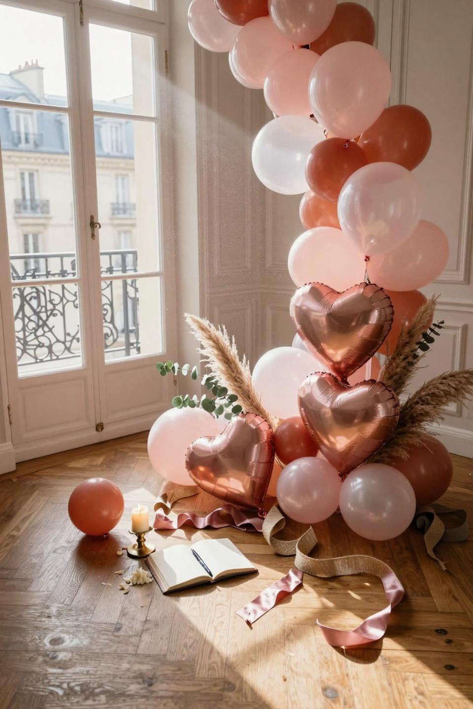 Valentine's Day Balloon Heart Wall - cascading balloon garland with greenery