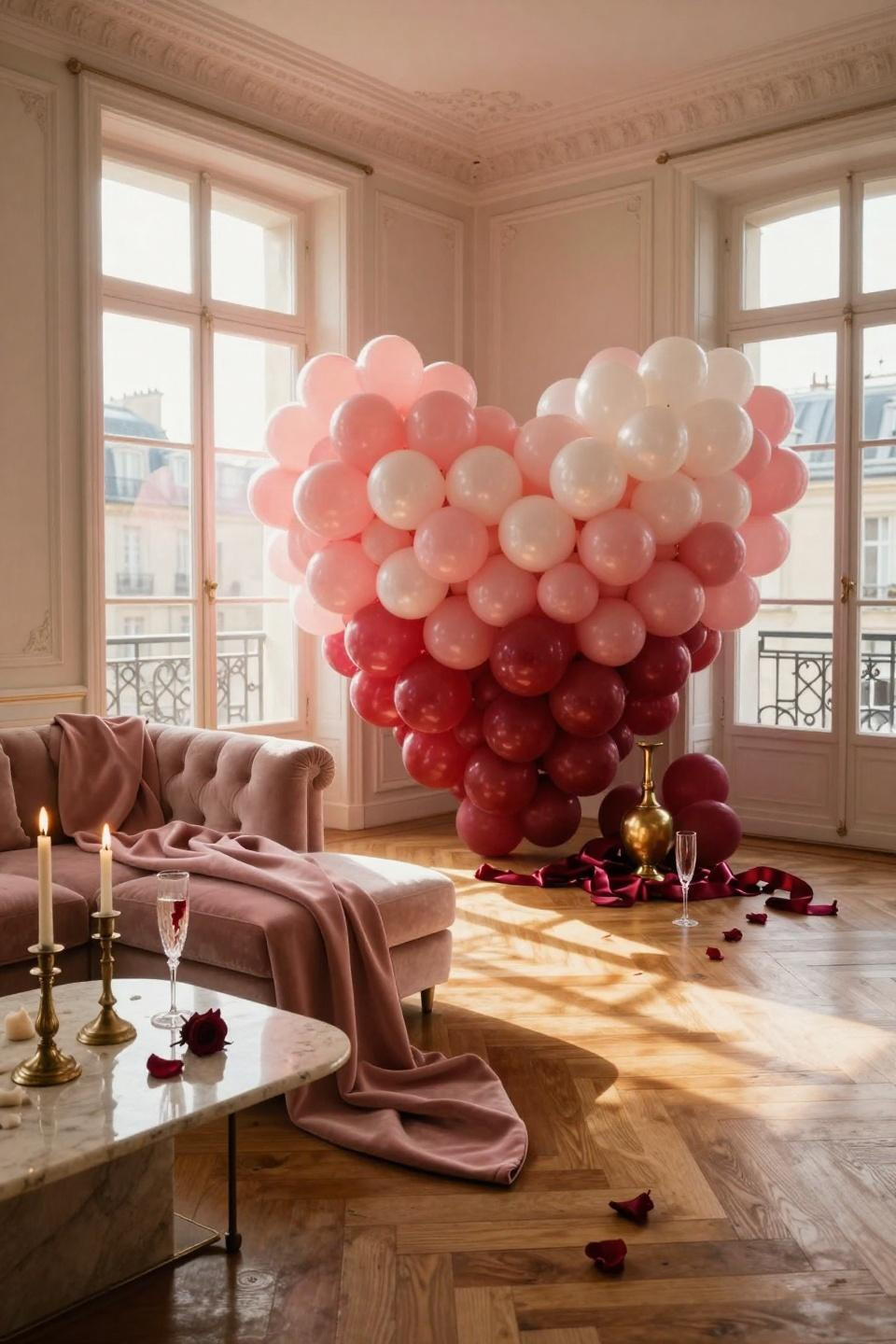 Valentine's Day Balloon Heart Wall - gradient blush and crimson heart installation