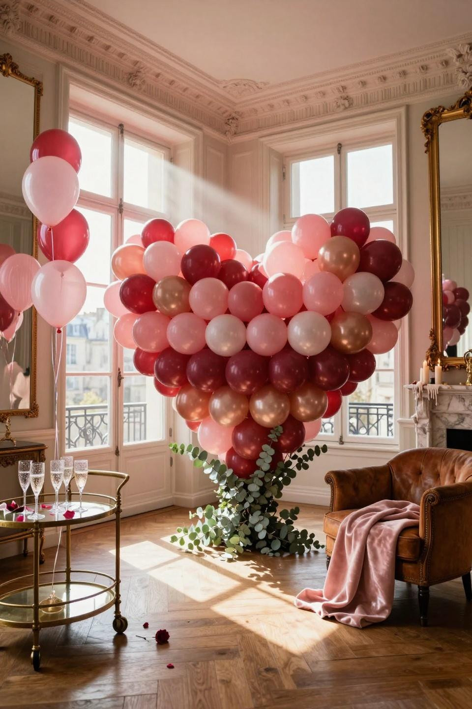 Valentine's Day Balloon Heart Wall - massive ombré installation in Parisian apartment