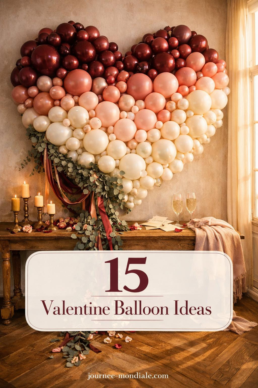 Pink and red heart-shaped balloon wall installation with romantic Valentine's Day aesthetic for party backdrop