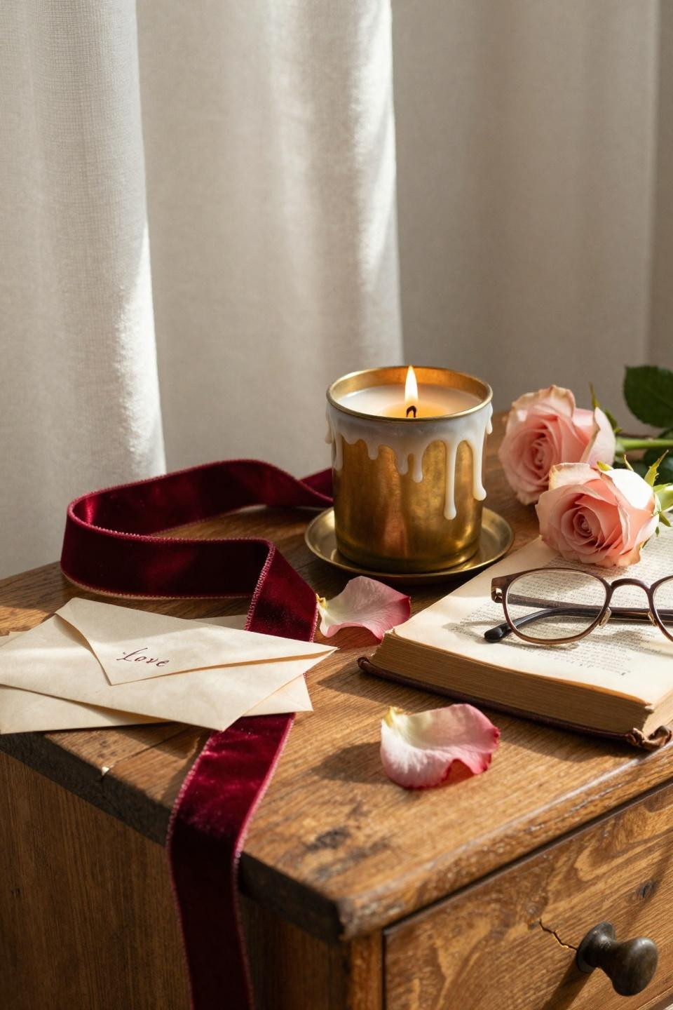 Valentines Day Decorations Bedroom closeup with velvet ribbon and beeswax candle