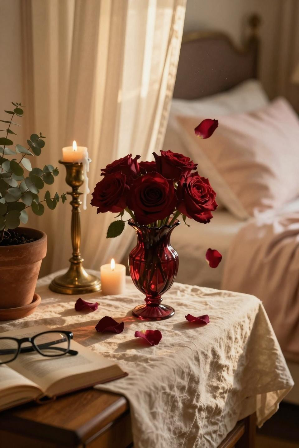 Valentines Day Decorations Bedroom hotel suite styling with Murano glass