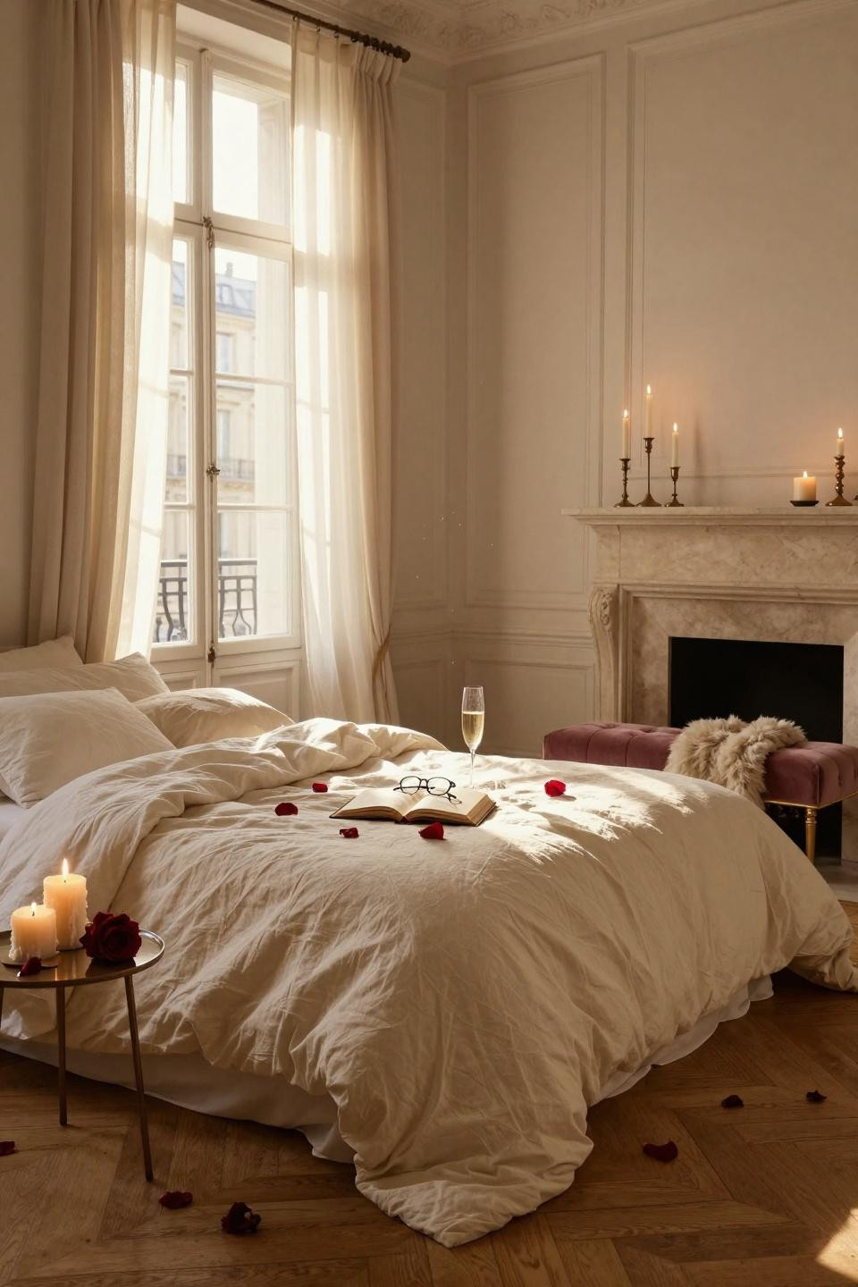 Valentines Day Decorations Bedroom featuring Belgian linen and rose petals
