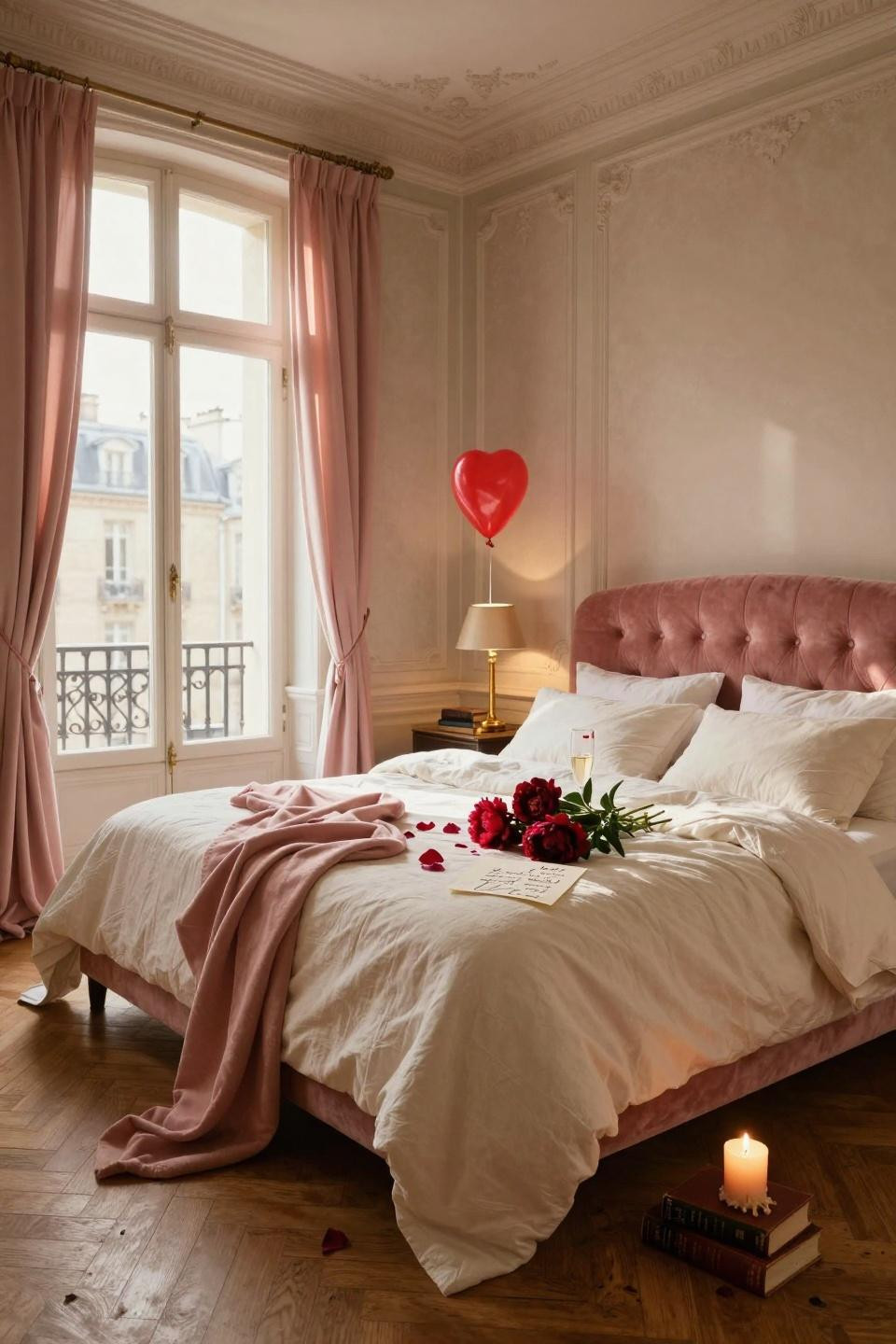 Valentines Day Decorations Bedroom with dusty rose velvet and peonies