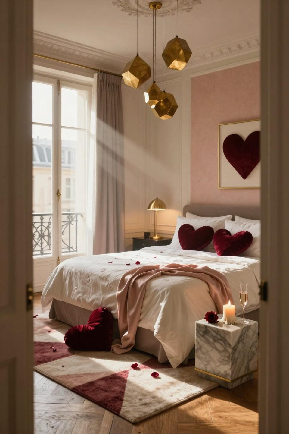 Valentines Day Decorations Bedroom with geometric brass garlands and heart pillows