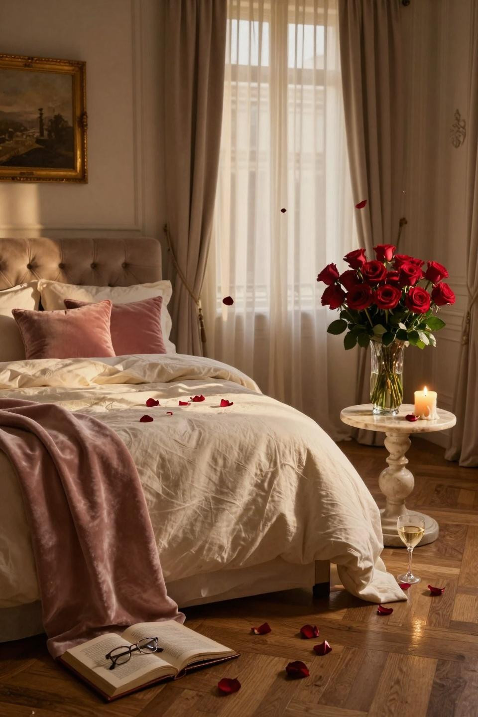 Valentines Day Decorations Bedroom featuring Murano glass vase with garden roses