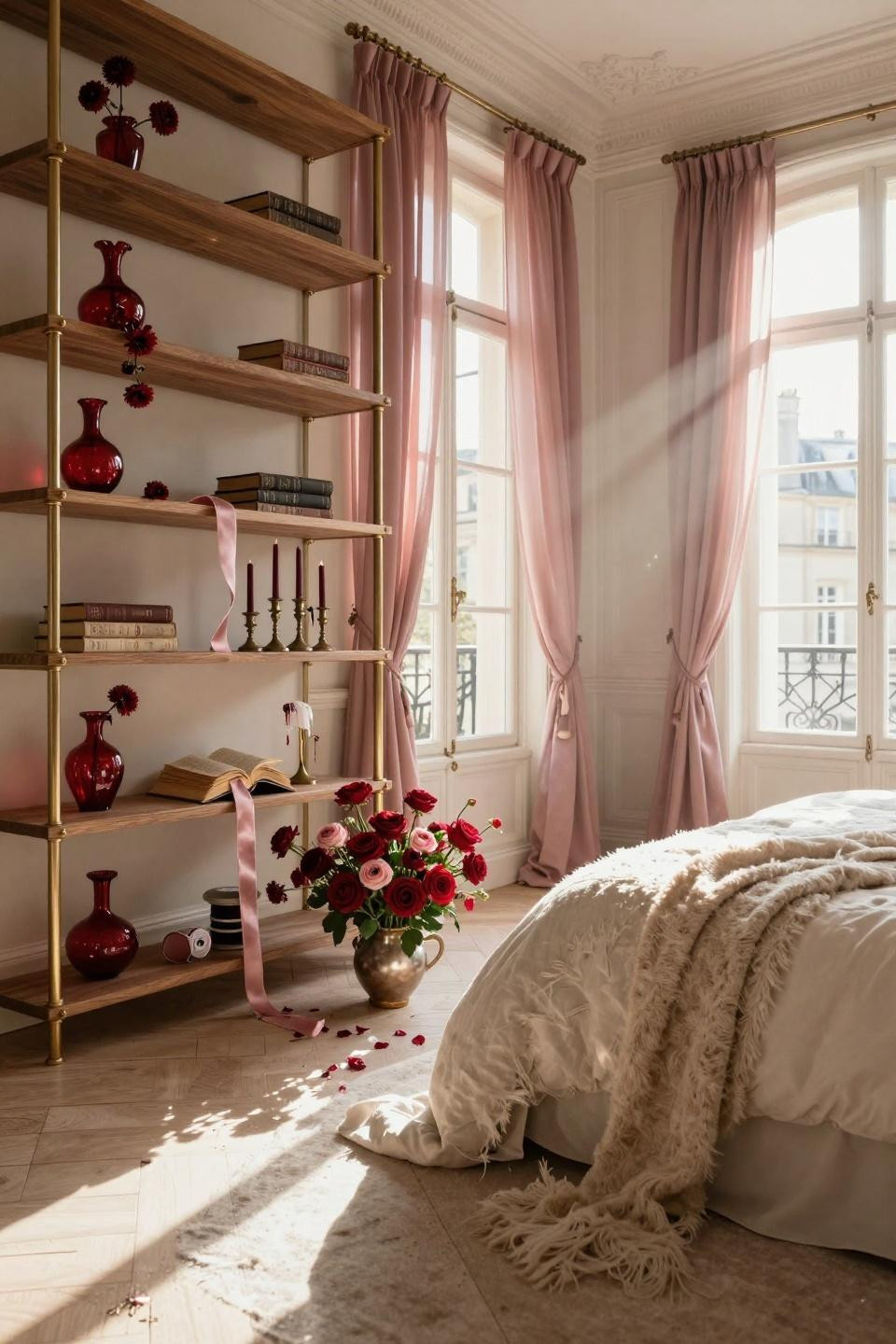 Valentines Day Decorations Bedroom with styled open shelving and crimson vases