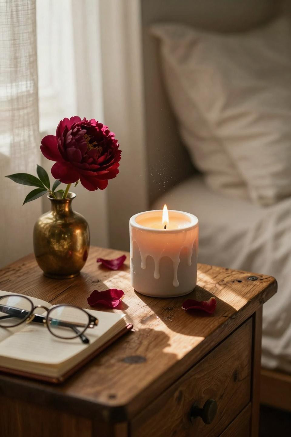 Valentines Day Decorations Bedroom closeup of beeswax candle and crimson peony